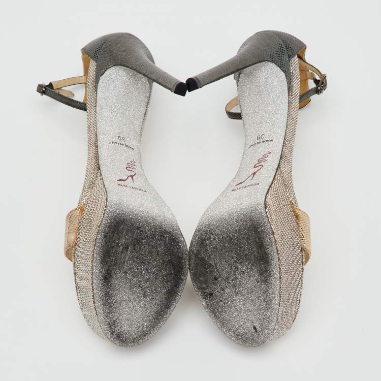 Pre Owned René Caovilla Metallic Leather Anastasia Ankle Strap Platform Sandals Size 39