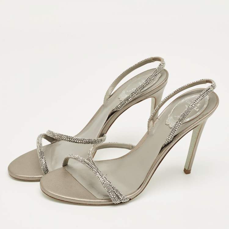 Pre Owned René Caovilla Grey Satin Crystal Embellish Slingback Sandals Size 39