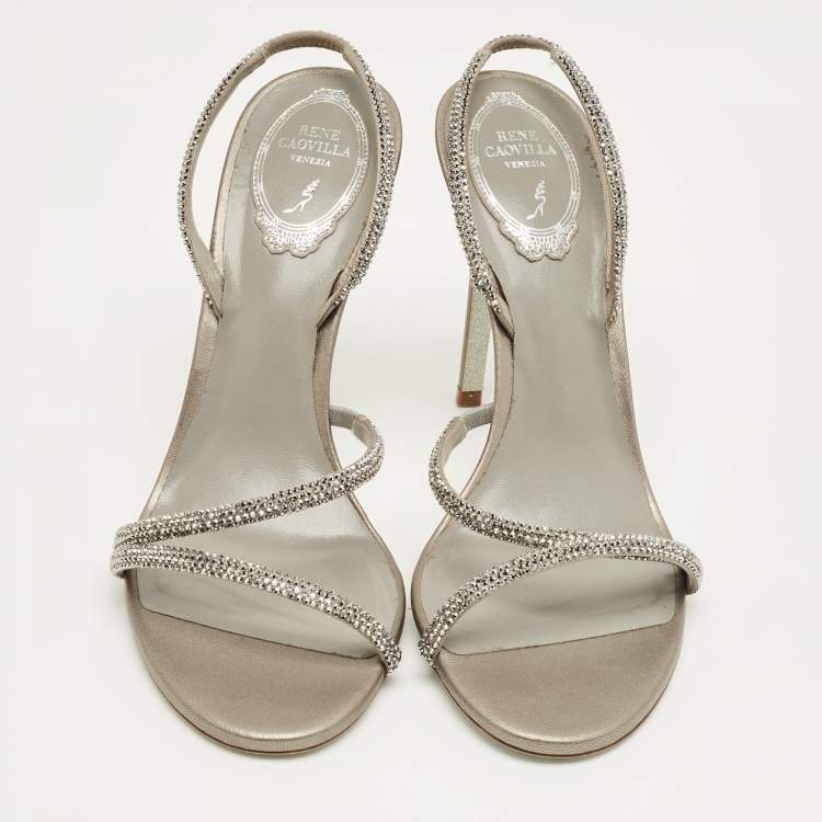 Pre Owned René Caovilla Grey Satin Crystal Embellish Slingback Sandals Size 39