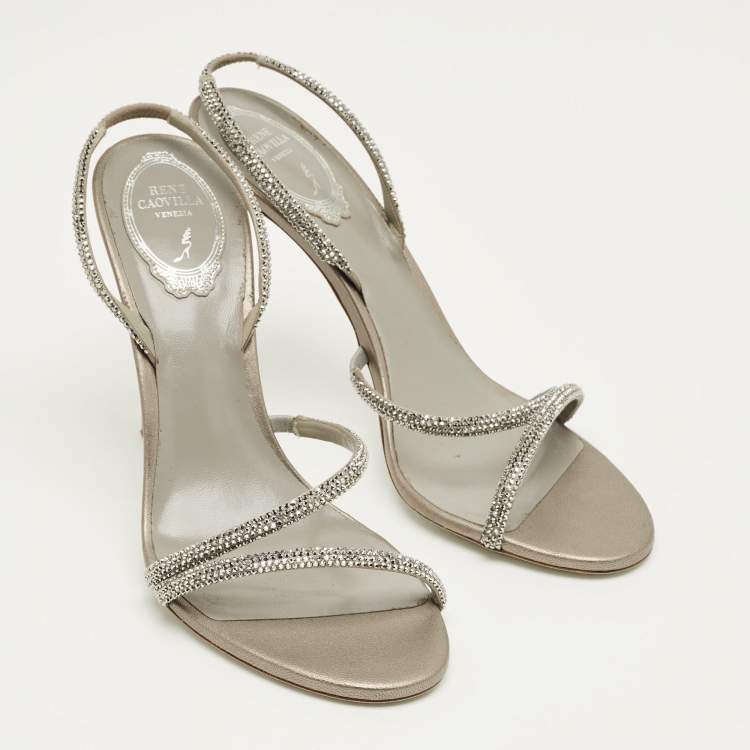 Pre Owned René Caovilla Grey Satin Crystal Embellish Slingback Sandals Size 39