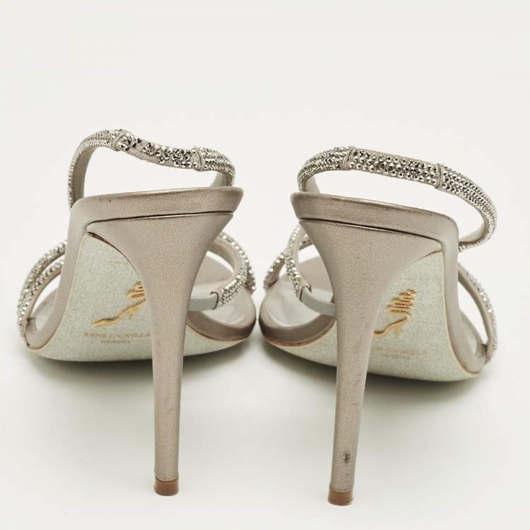 Pre Owned René Caovilla Grey Satin Crystal Embellish Slingback Sandals Size 39