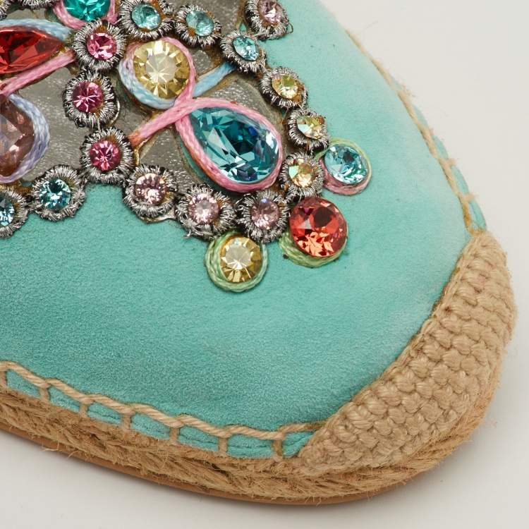 مملوكة مسبقًا René Caovilla Size 39 Light Blue Suede Crystal Embellished Espadrille Flats