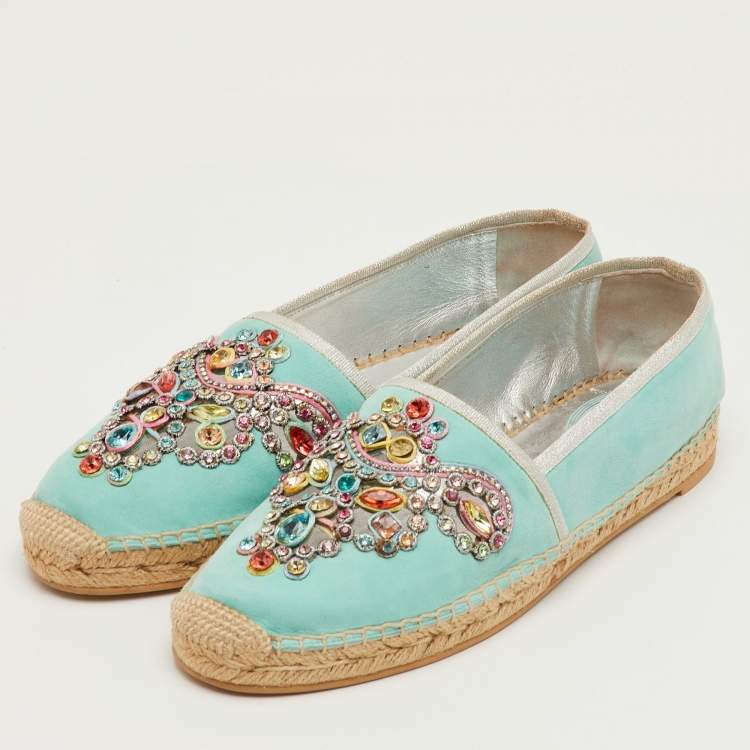 مملوكة مسبقًا René Caovilla Size 39 Light Blue Suede Crystal Embellished Espadrille Flats