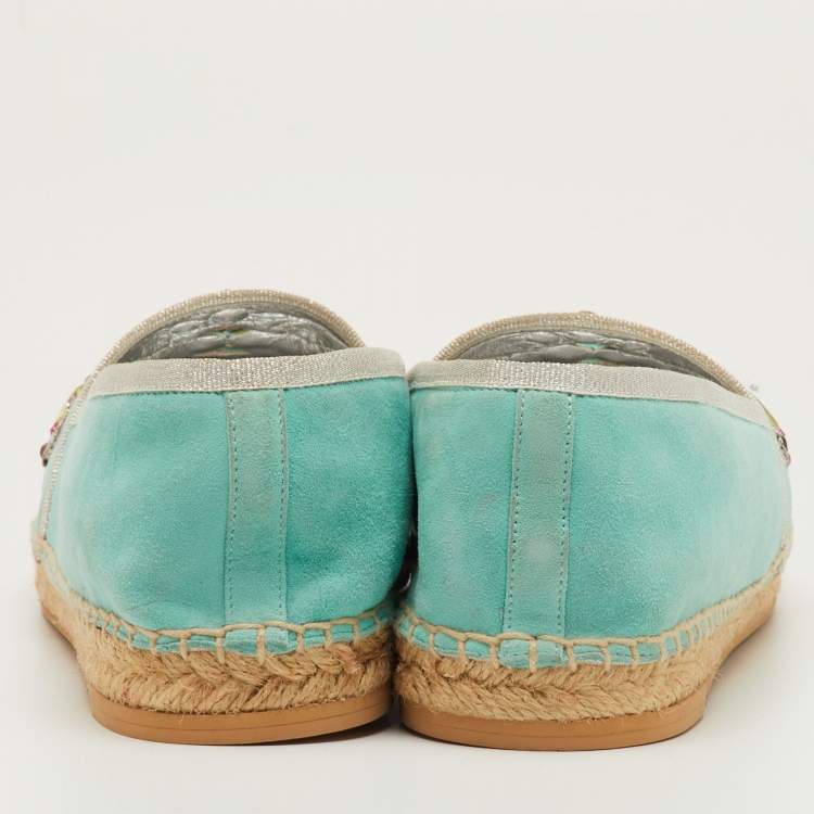 مملوكة مسبقًا René Caovilla Size 39 Light Blue Suede Crystal Embellished Espadrille Flats