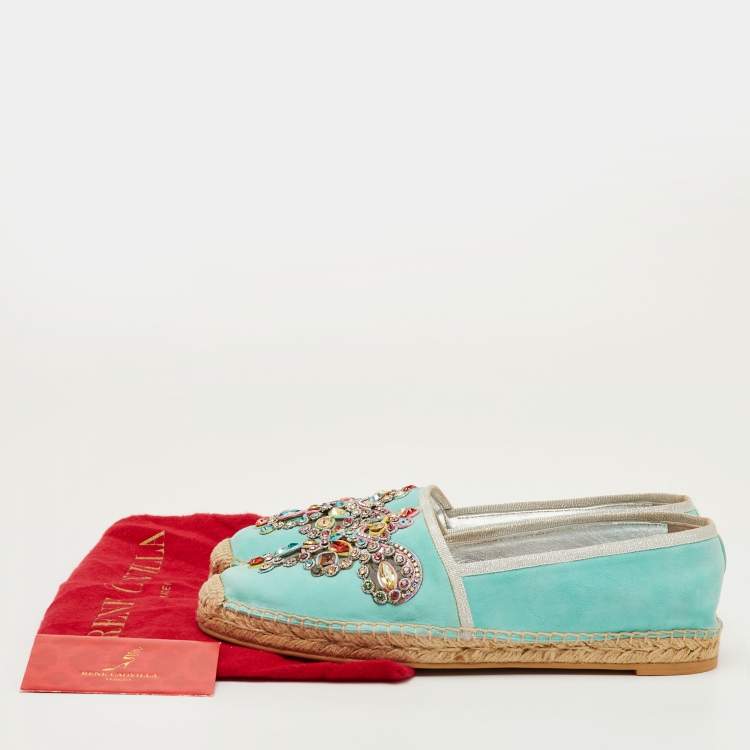 مملوكة مسبقًا René Caovilla Size 39 Light Blue Suede Crystal Embellished Espadrille Flats