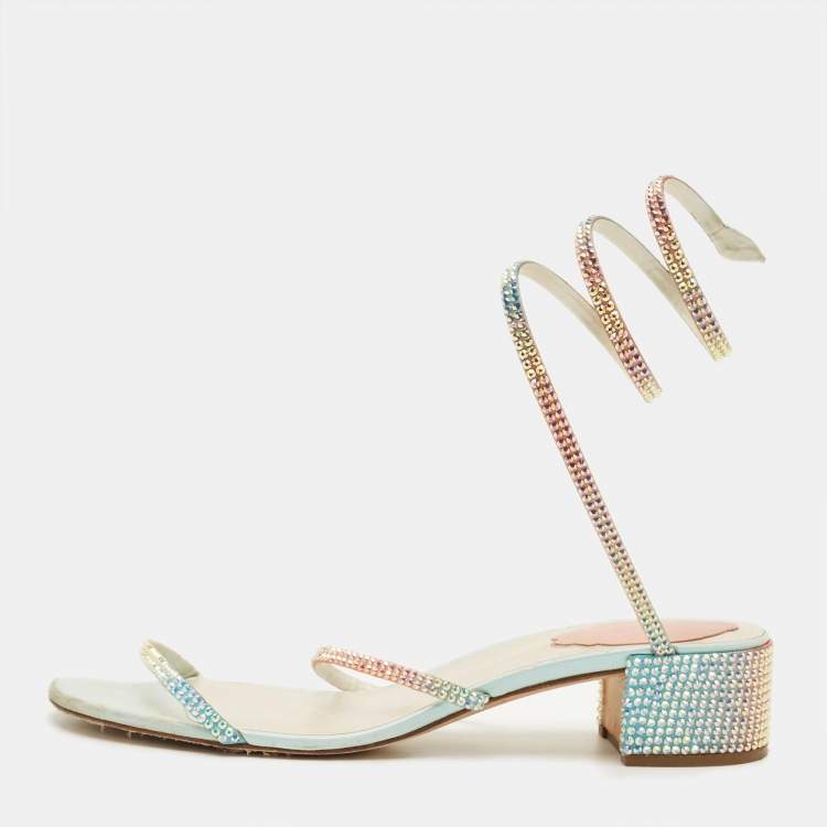 Pre Owned René Caovilla Cleo Size 38.5 Multicolor Satin Ankle Strap Sandals