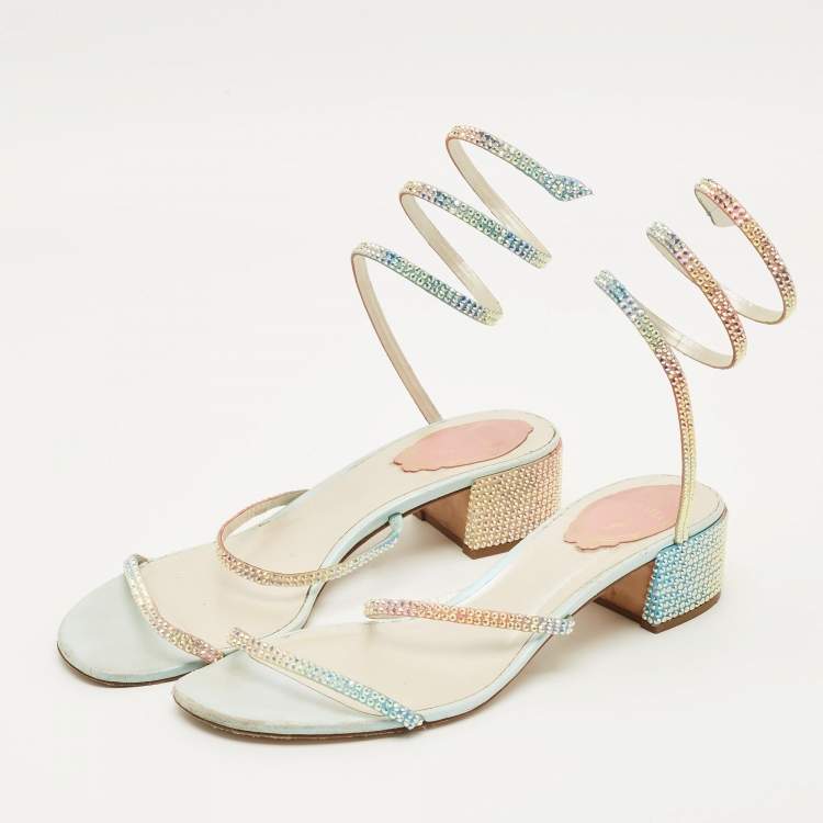 Pre Owned René Caovilla Cleo Size 38.5 Multicolor Satin Ankle Strap Sandals