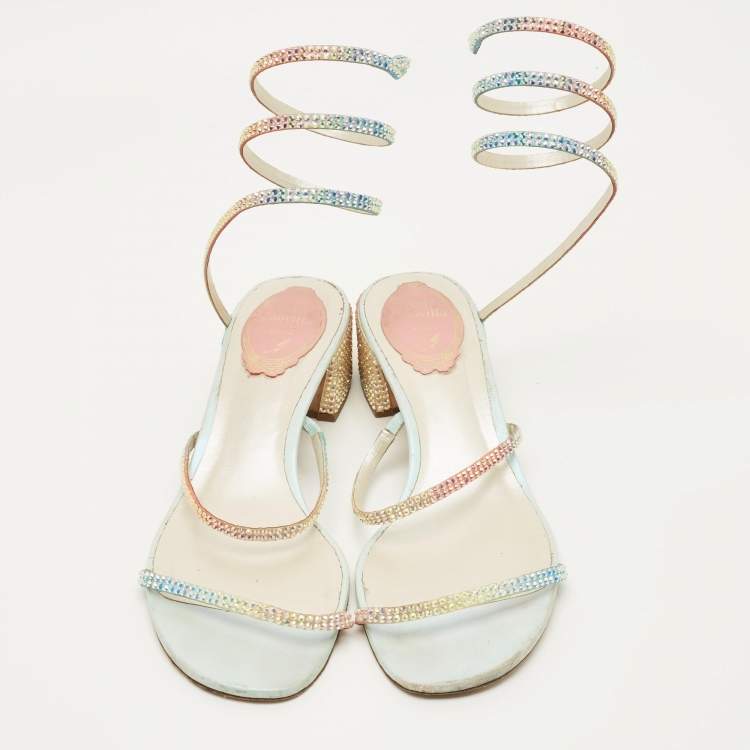 Pre Owned René Caovilla Cleo Size 38.5 Multicolor Satin Ankle Strap Sandals