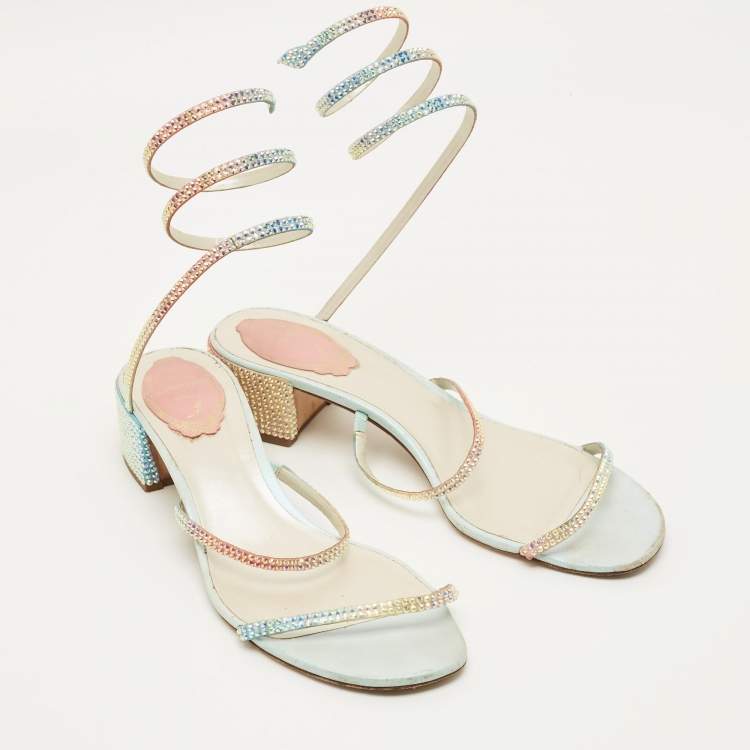 Pre Owned René Caovilla Cleo Size 38.5 Multicolor Satin Ankle Strap Sandals