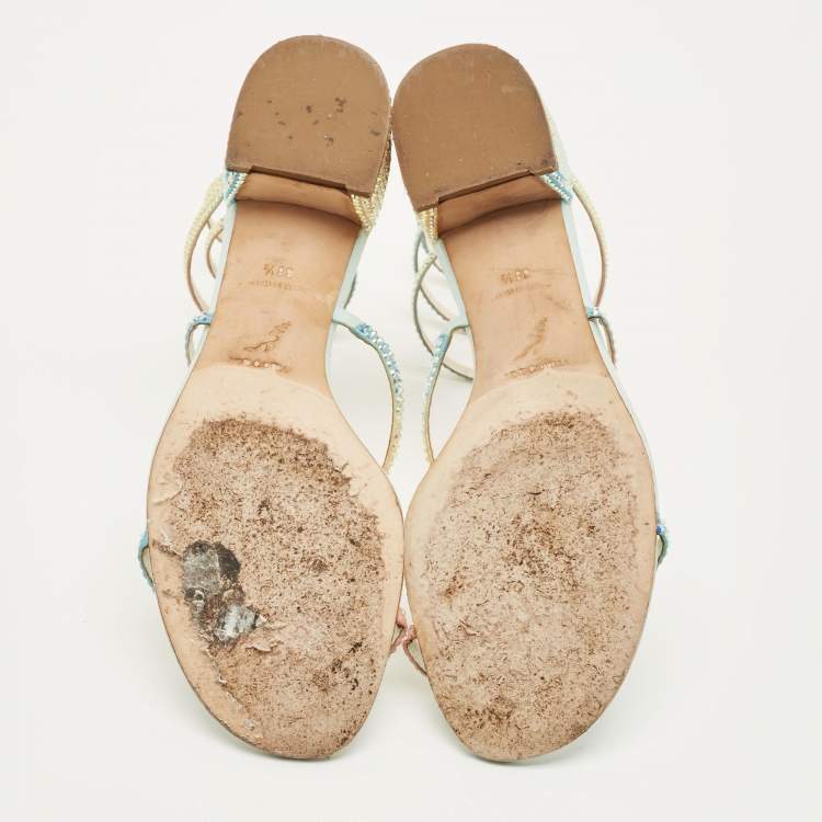 Pre Owned René Caovilla Cleo Size 38.5 Multicolor Satin Ankle Strap Sandals