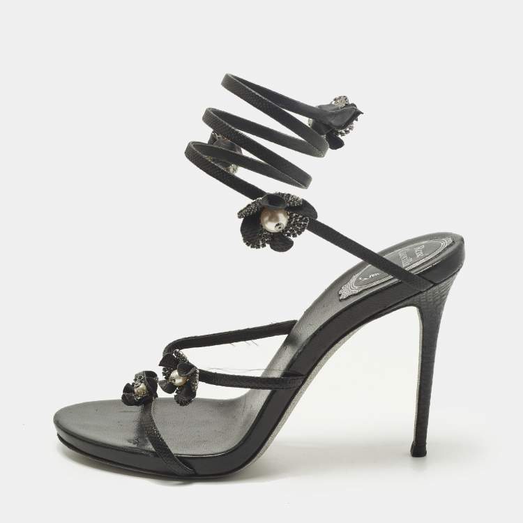 Pre Owned René Caovilla Cleo Size 38 Black Leather and Snakeskin Embossed Leather Ankle Strap Sandals