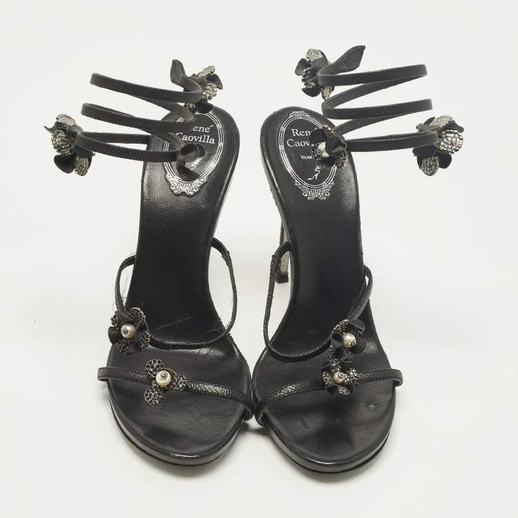 Pre Owned René Caovilla Cleo Size 38 Black Leather and Snakeskin Embossed Leather Ankle Strap Sandals