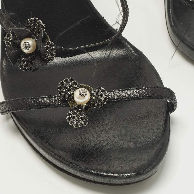 Pre Owned René Caovilla Cleo Size 38 Black Leather and Snakeskin Embossed Leather Ankle Strap Sandals