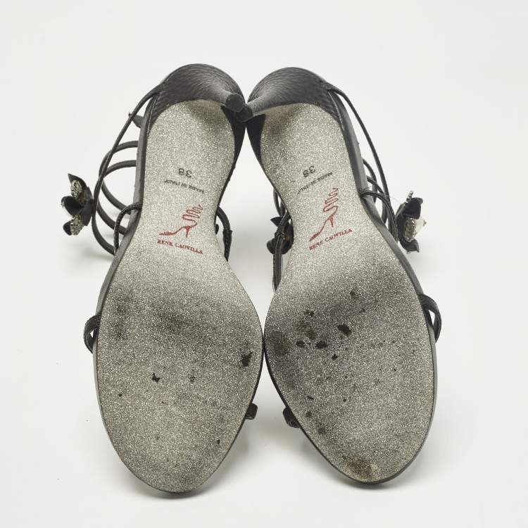 Pre Owned René Caovilla Cleo Size 38 Black Leather and Snakeskin Embossed Leather Ankle Strap Sandals