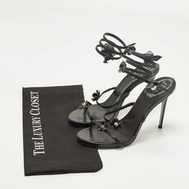 Pre Owned René Caovilla Cleo Size 38 Black Leather and Snakeskin Embossed Leather Ankle Strap Sandals