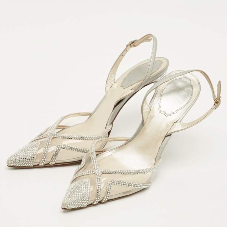 Pre Owned René Caovilla Size 36 Transparent/Silver Leather and PVC Crystal Embellished Slingback Pumps