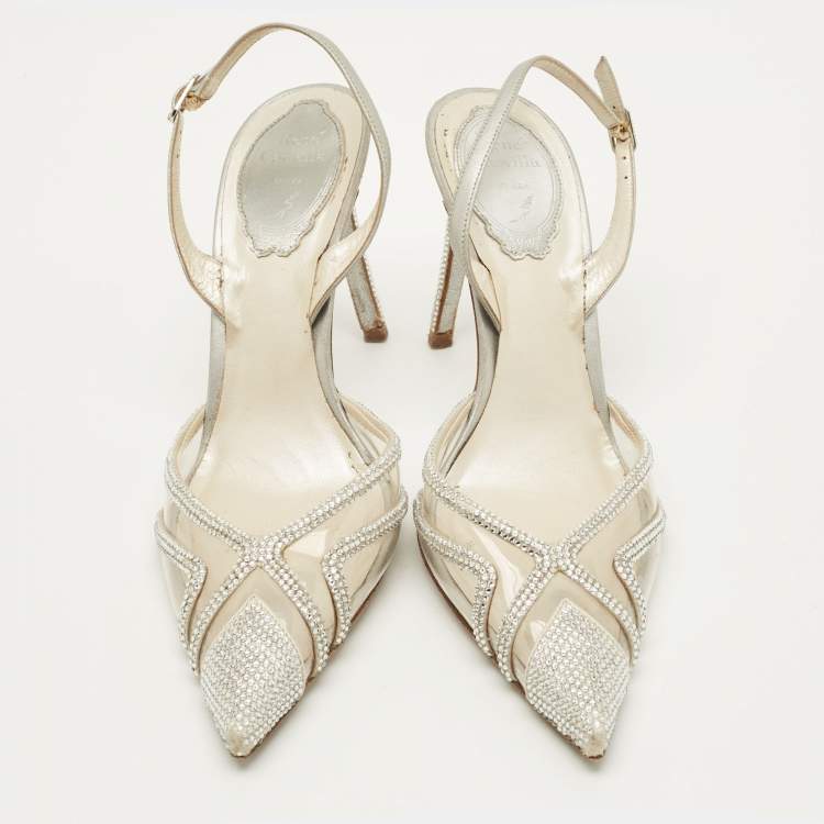 Pre Owned René Caovilla Size 36 Transparent/Silver Leather and PVC Crystal Embellished Slingback Pumps