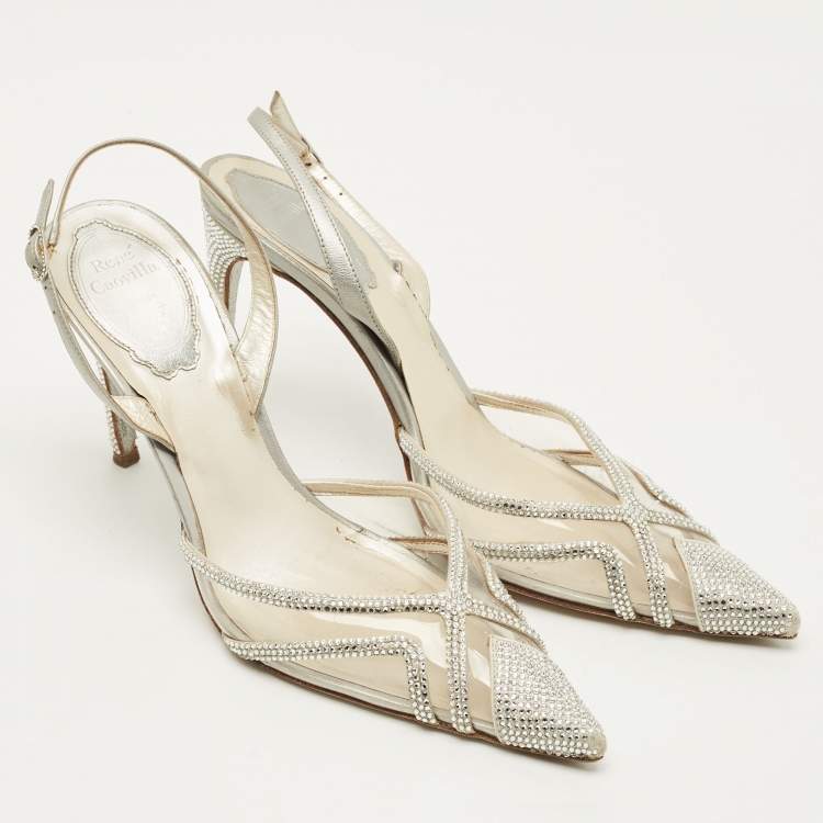 Pre Owned René Caovilla Size 36 Transparent/Silver Leather and PVC Crystal Embellished Slingback Pumps