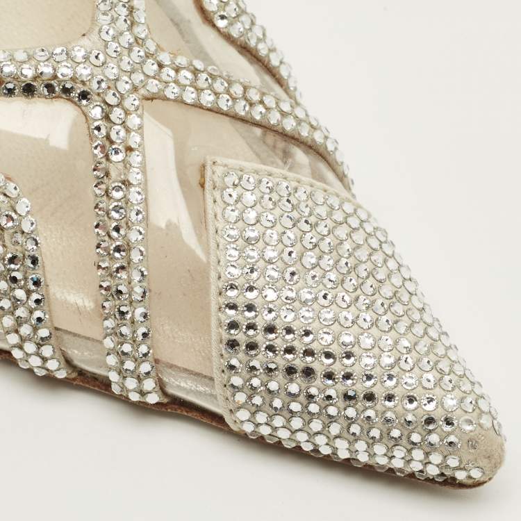 Pre Owned René Caovilla Size 36 Transparent/Silver Leather and PVC Crystal Embellished Slingback Pumps