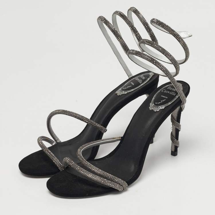 Pre Owned René Caovilla Cleo Size 40 Black Satin and Suede  Crystal Embellished Ankle Strap Sandals