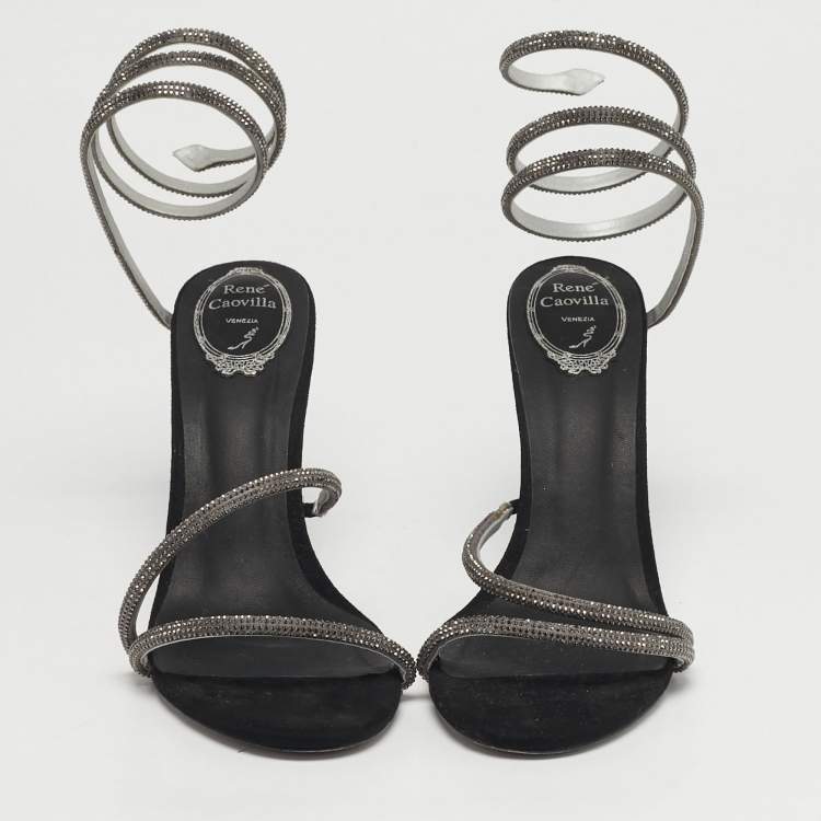 Pre Owned René Caovilla Cleo Size 40 Black Satin and Suede  Crystal Embellished Ankle Strap Sandals