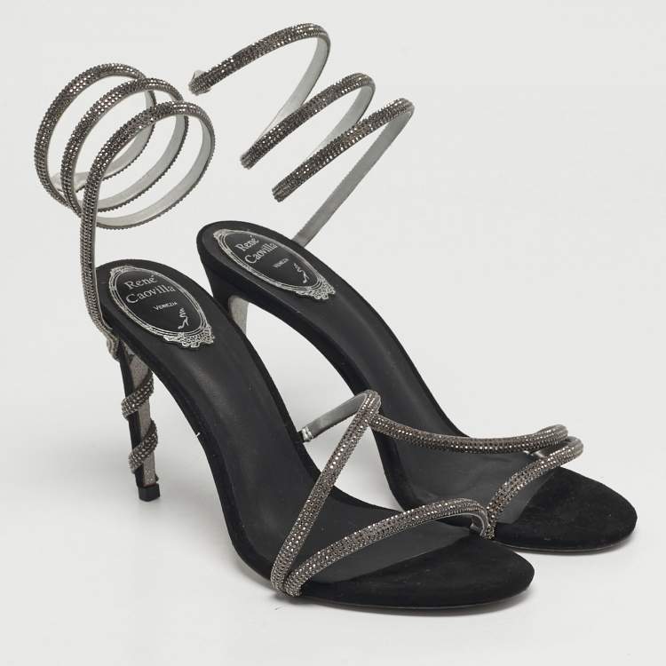 Pre Owned René Caovilla Cleo Size 40 Black Satin and Suede  Crystal Embellished Ankle Strap Sandals