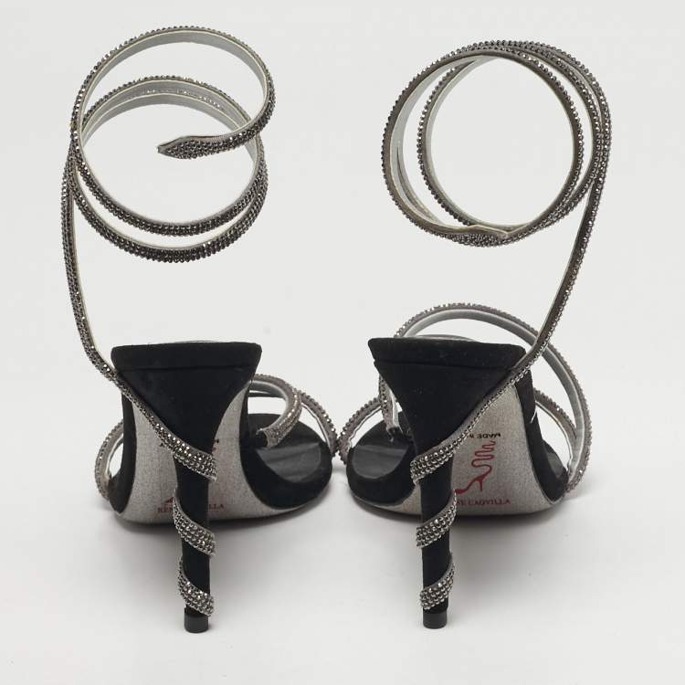 Pre Owned René Caovilla Cleo Size 40 Black Satin and Suede  Crystal Embellished Ankle Strap Sandals
