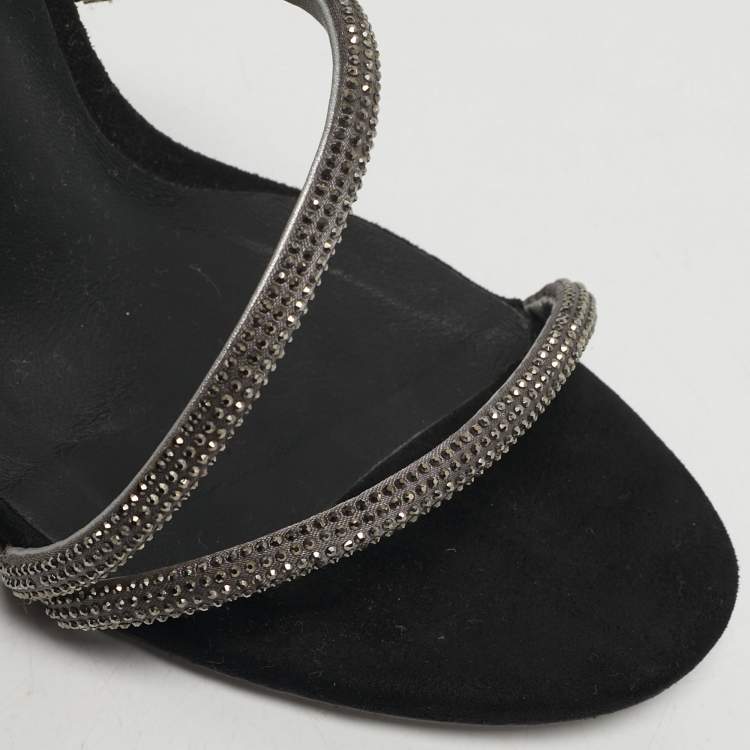 Pre Owned René Caovilla Cleo Size 40 Black Satin and Suede  Crystal Embellished Ankle Strap Sandals