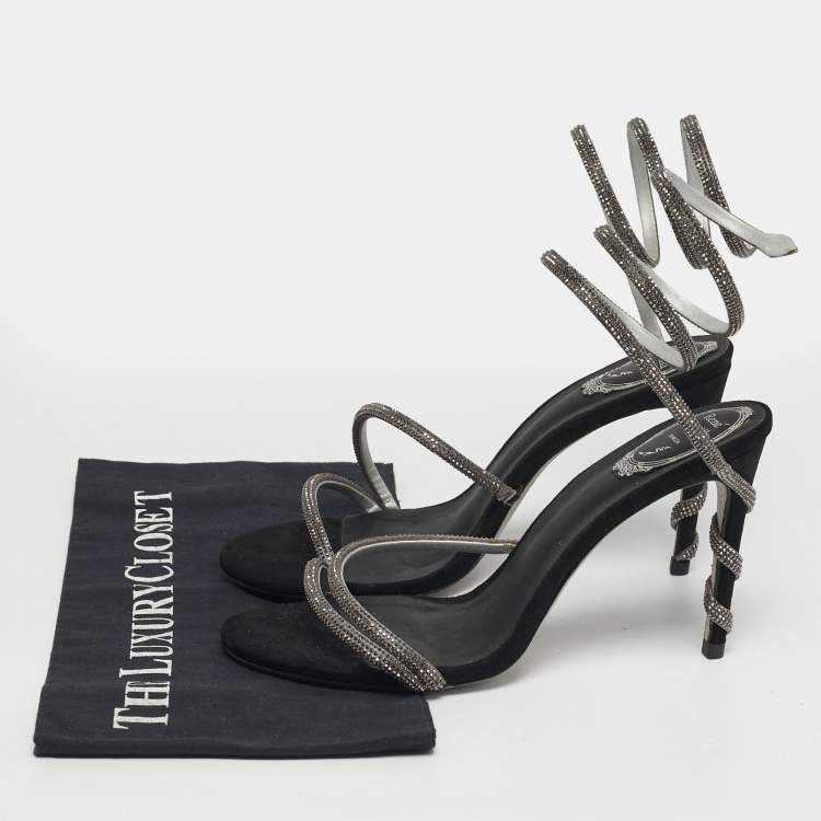 Pre Owned René Caovilla Cleo Size 40 Black Satin and Suede  Crystal Embellished Ankle Strap Sandals