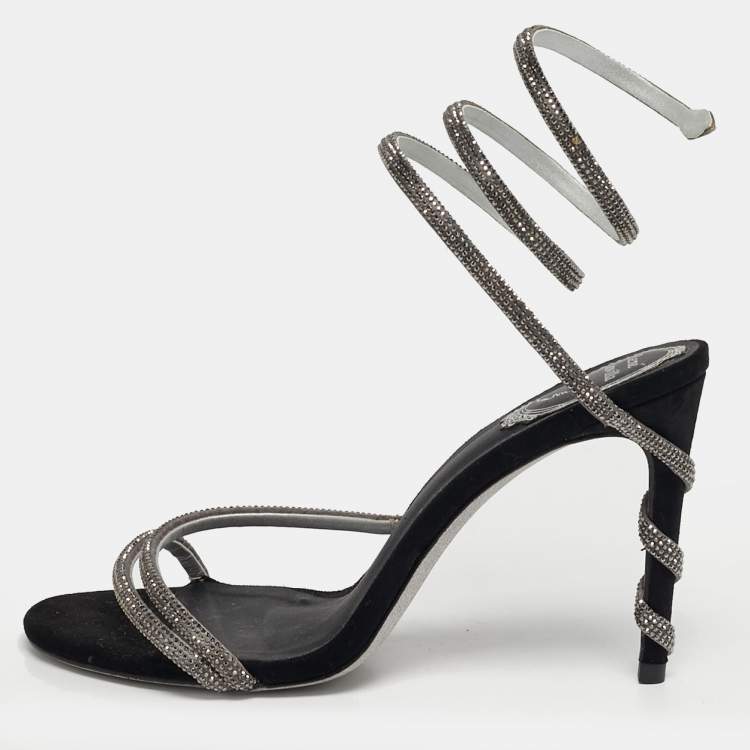 Pre Owned René Caovilla Cleo Size 40 Black Satin and Suede  Crystal Embellished Ankle Strap Sandals