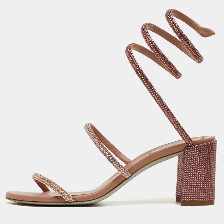 Pre Owned René Caovilla Cleo Size 37.5 Pink Leather and Satin Ankle Strap Sandals