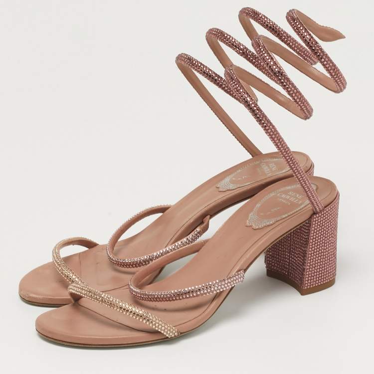 Pre Owned René Caovilla Cleo Size 37.5 Pink Leather and Satin Ankle Strap Sandals