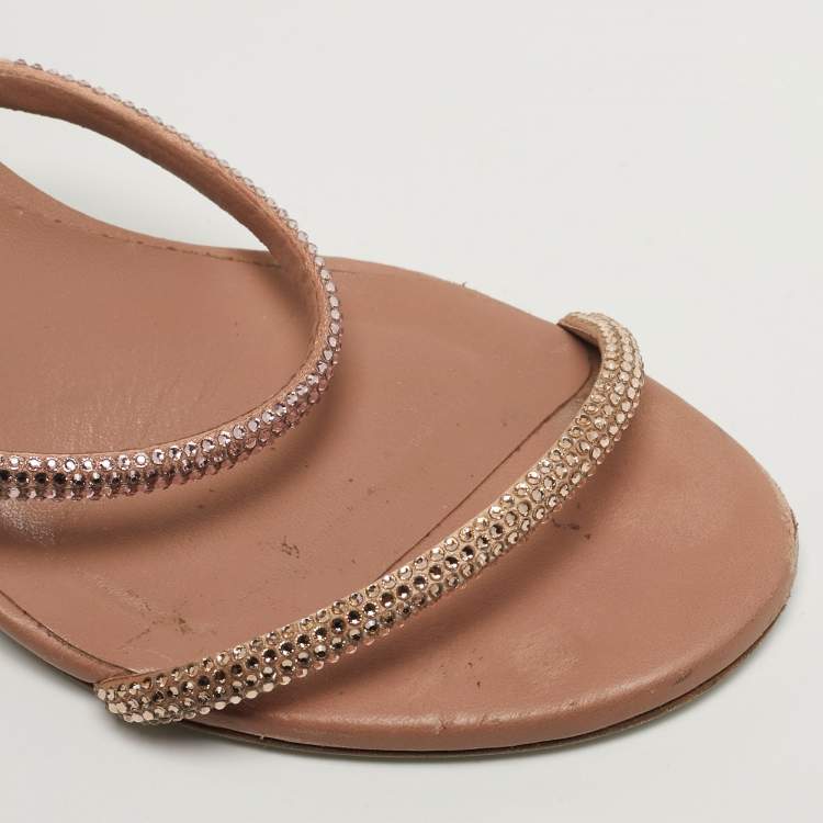 Pre Owned René Caovilla Cleo Size 37.5 Pink Leather and Satin Ankle Strap Sandals