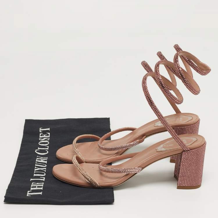 Pre Owned René Caovilla Cleo Size 37.5 Pink Leather and Satin Ankle Strap Sandals