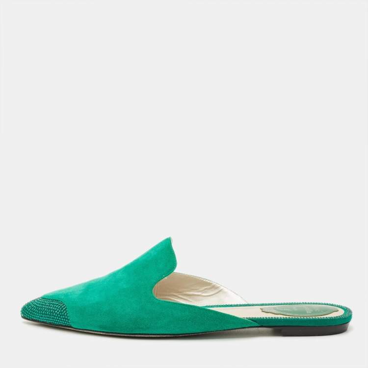 Pre Owned René Caovilla Size 39 Green Suede Crystal Embellished Flat Mules