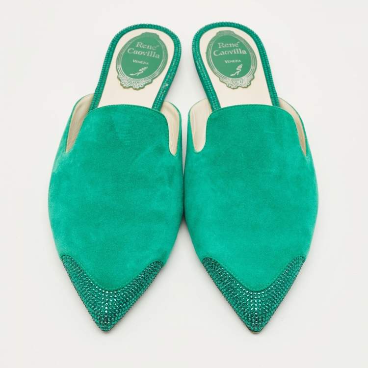 Pre Owned René Caovilla Size 39 Green Suede Crystal Embellished Flat Mules