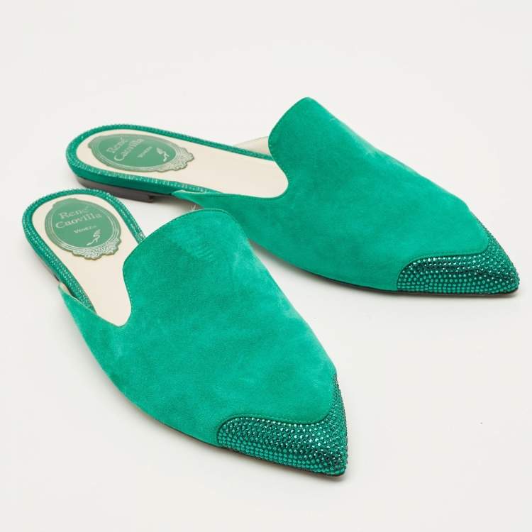 Pre Owned René Caovilla Size 39 Green Suede Crystal Embellished Flat Mules