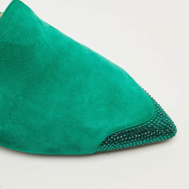 Pre Owned René Caovilla Size 39 Green Suede Crystal Embellished Flat Mules