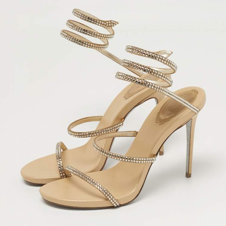 Pre Owned René Caovilla Cleo Size 38 Gold Leather Crystal Embellished Ankle Strap Sandals