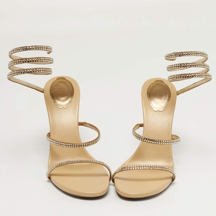 Pre Owned René Caovilla Cleo Size 38 Gold Leather Crystal Embellished Ankle Strap Sandals
