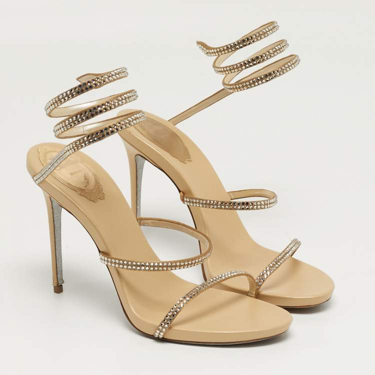 Pre Owned René Caovilla Cleo Size 38 Gold Leather Crystal Embellished Ankle Strap Sandals
