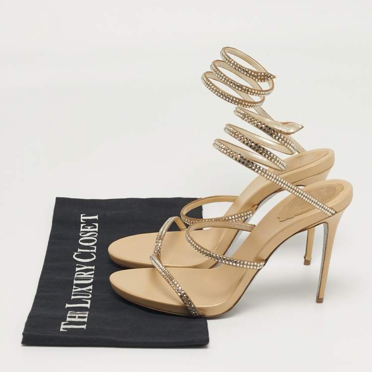 Pre Owned René Caovilla Cleo Size 38 Gold Leather Crystal Embellished Ankle Strap Sandals