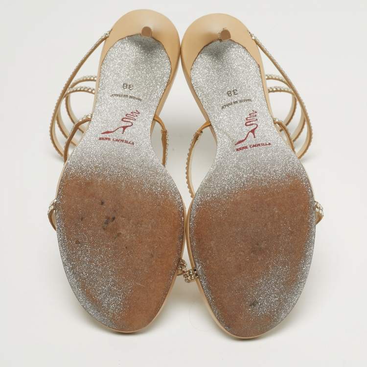 Pre Owned René Caovilla Cleo Size 38 Gold Leather Crystal Embellished Ankle Strap Sandals