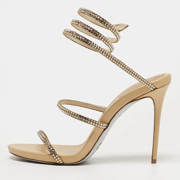 Pre Owned René Caovilla Cleo Size 38 Gold Leather Crystal Embellished Ankle Strap Sandals
