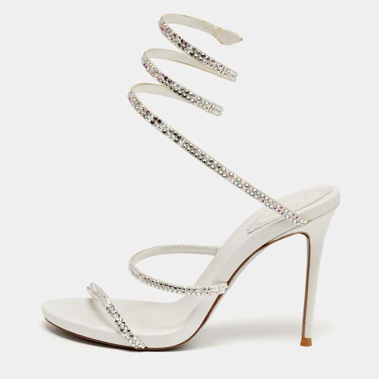 مملوكة مسبقًا René Caovilla Cleo Crystal Embellished Size 37 White Satin Ankle Strap Sandals