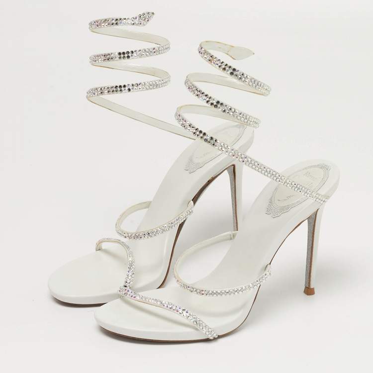 مملوكة مسبقًا René Caovilla Cleo Crystal Embellished Size 37 White Satin Ankle Strap Sandals