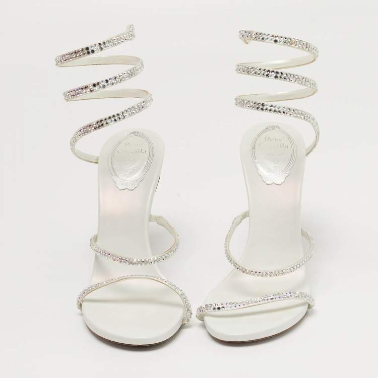 مملوكة مسبقًا René Caovilla Cleo Crystal Embellished Size 37 White Satin Ankle Strap Sandals