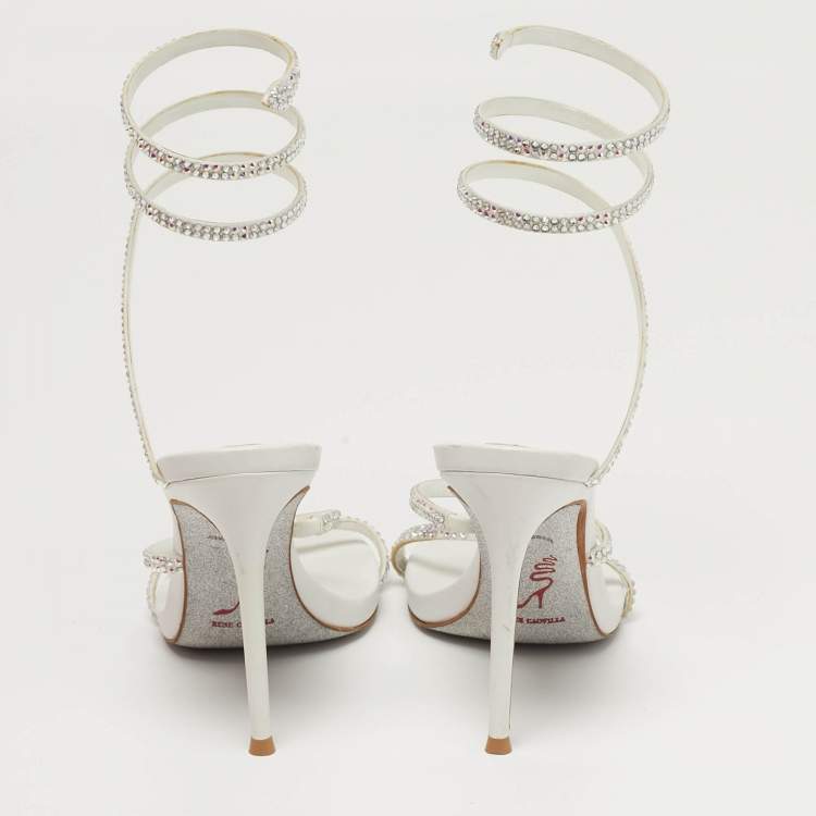 مملوكة مسبقًا René Caovilla Cleo Crystal Embellished Size 37 White Satin Ankle Strap Sandals