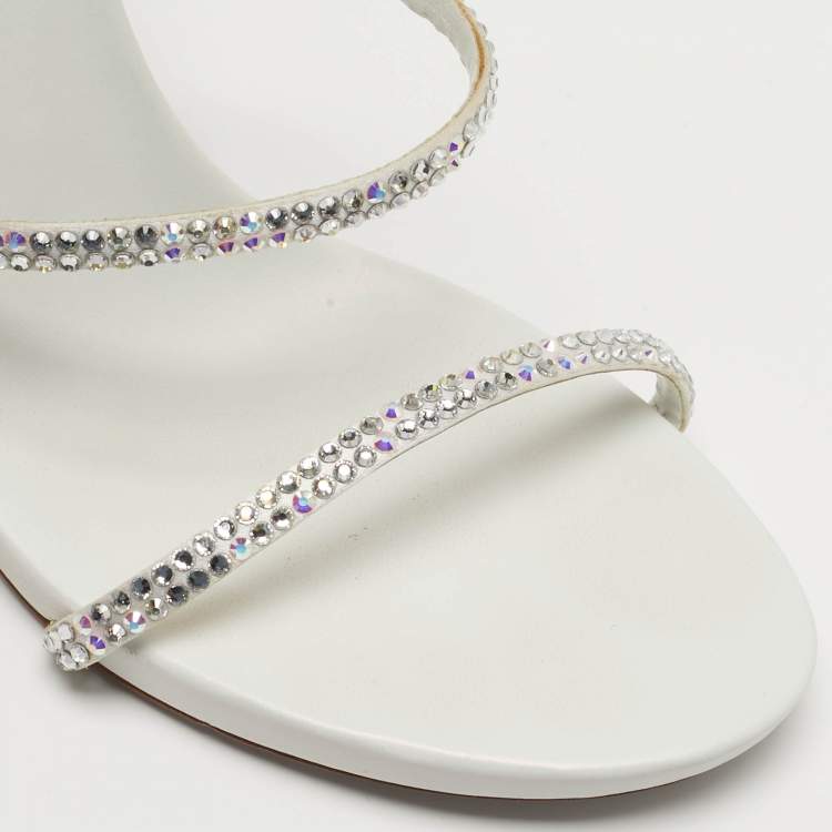 مملوكة مسبقًا René Caovilla Cleo Crystal Embellished Size 37 White Satin Ankle Strap Sandals