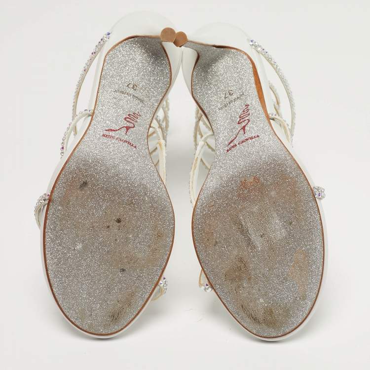 مملوكة مسبقًا René Caovilla Cleo Crystal Embellished Size 37 White Satin Ankle Strap Sandals